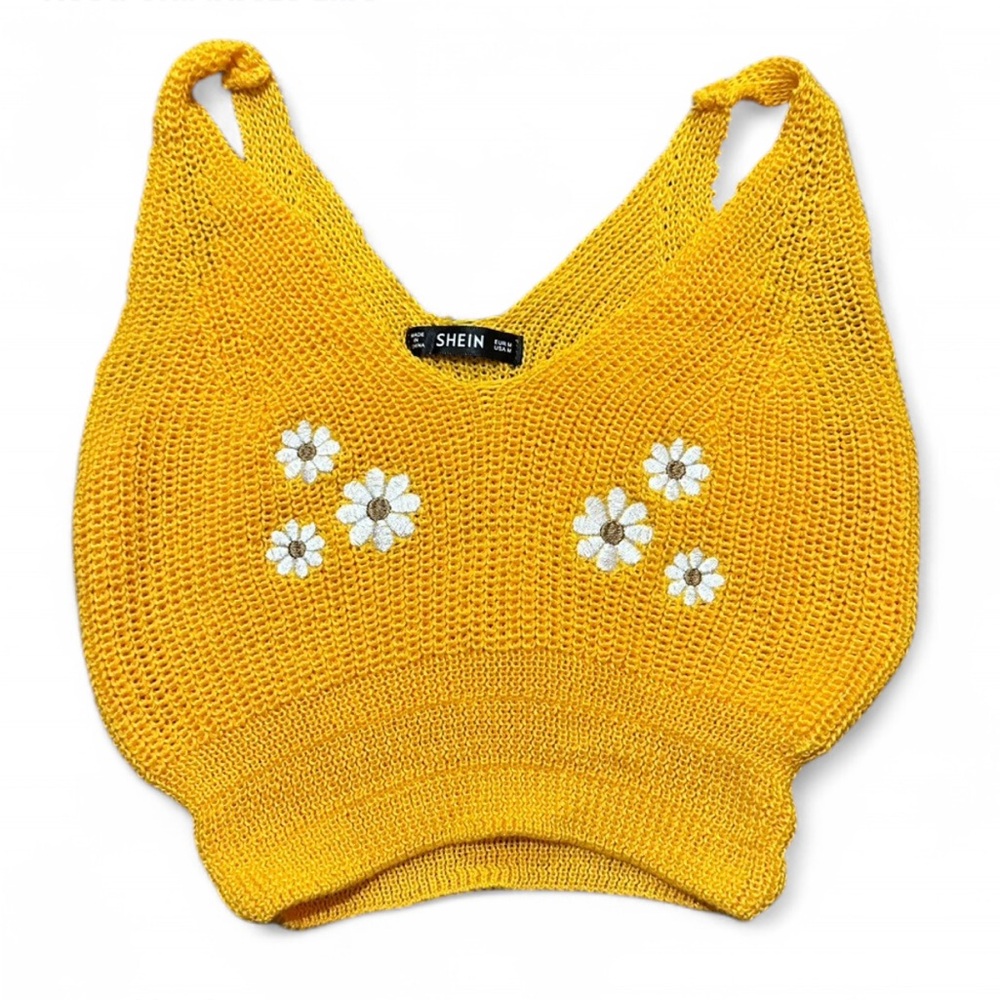 SHEIN Yellow Crochet Crop Top with Embroidered Daisies Size Medium